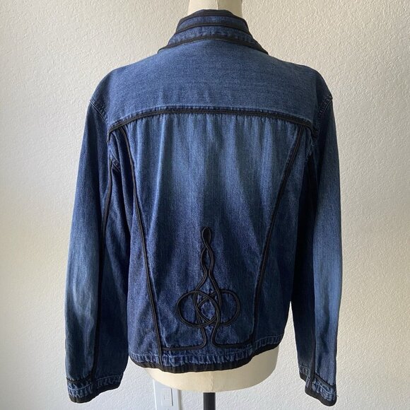 Chico's Denim Blue Jean Trucker Jacket Black Braid Trim Design Size 1. (M/L) - Picture 5 of 8